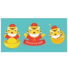 Happy Chinese New Year 2022 cartoon tiger holding a red greeting card and ingots in the new year Premium Vector