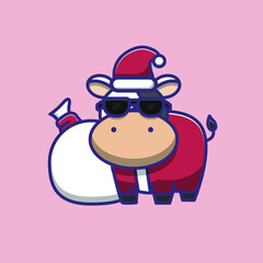 cute cow illustration wearing santa claus costume and sunglasses