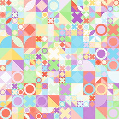 Patrón geométrico abstracto compuesto de figuras variadas en colores pastel juveniles sobre fondo gris claro.