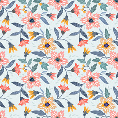 Fototapeta na wymiar Blooming flowers design in vintage color seamless pattern.