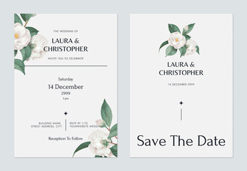 Floral wedding invitation card template design, white semi-double camellia flowers and leaves on grey