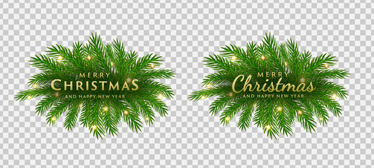 Christmas with fir branches and christmas gold ball isolated on a transparent background. Great for new year cards, banners, headers, party posters