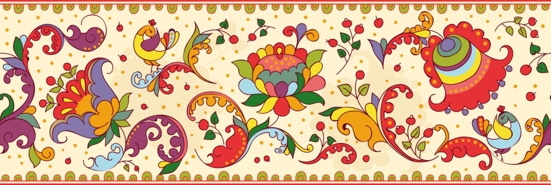 Folk print in Russian Style. A floral pattern with two birds.