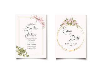 Wedding floral golden invitation card save the date design with pink flowers roses and green leaves wreath and frame. Botanical elegant decorative vector template in watercolor style