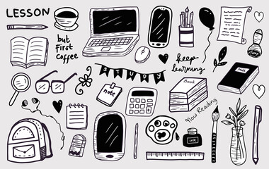 a set of hand drawn school and studying stuff doodle sketch
