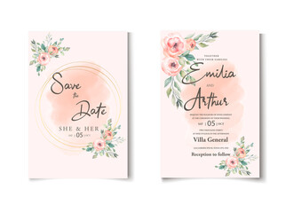 Wedding floral golden invitation card save the date design with pink flowers roses and green leaves wreath and frame. Botanical elegant decorative vector template in watercolor style