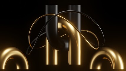 3D Abstract motion gold and black object orbit. Abstract background