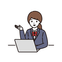 パソコンの前で笑顔で説明をする学生服の女子高校生・中学生