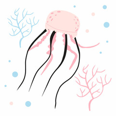 Childrens illustration of pink jellyfish with algae. Hand drawn poster with cute jellyfish for nursery.