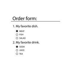 Online order form. Radio list is an HTML element of the website template. User interface for the website and application. Vector illustration.