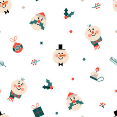 Seamless vector pattern with cute snowmen, gift, Christmas decoration, candle, berries, stars, confetti. Funny red, green and white winter pattern. Festive background for print, wrapping paper, etc.