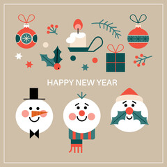 Set of vector Christmas elements. Snowmen, Christmas decoration, candle, Christmas ball, gift, berries, stars, confetti.