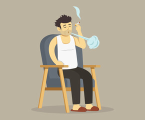 Isolated messy male character holding cigarette and blow out smoke while sitting on armchair. Flat vector illustration template.
