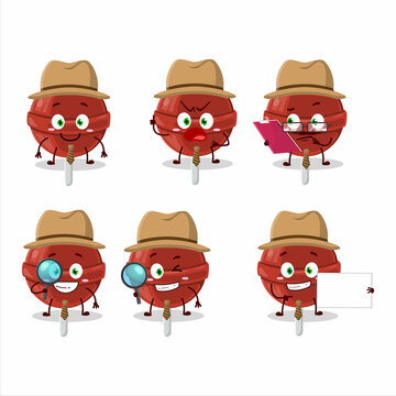 Detective sweet strawberry lollipop cute cartoon character holding magnifying glass