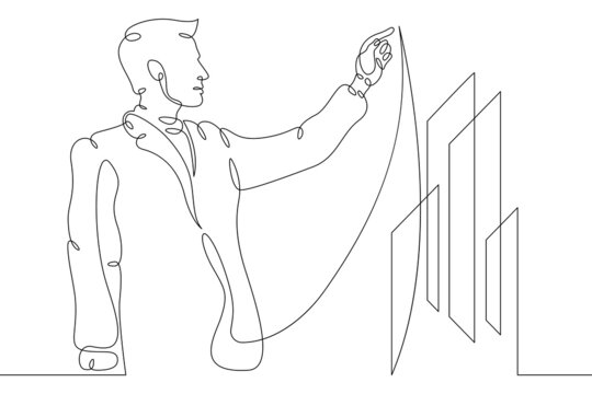 recommend clip art: IT technology manager. Engineer programmer drawing statistics graphs in virtual space. Information technologies. Data management. Analyst statistics business.