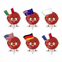 Sweet strawberry lollipop cartoon character bring the flags of various countries