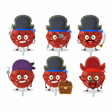 Cartoon character of sweet strawberry lollipop with various pirates emoticons