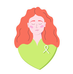 Breast cancer awareness month concept. World Cancer Day in October. Cute redhead woman with support tape. Flat vector cartoon isolated on white background. Vector.