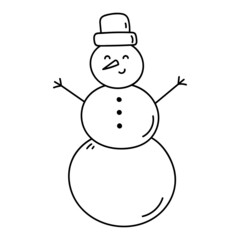 Cute smiling snowman in a hat isolated on white background. Vector hand-drawn illustration in doodle style. Perfect for holiday and Christmas designs, cards, logo, decorations.