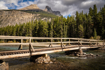 Fototapeta premium A wooden log bridge over a clear mountain creek in Banff National Park Canada.