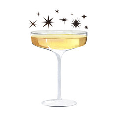 Glass of champagne with stars. New year cocktail. Small-legged bowl. Watercolor illustrations on isolated white background.