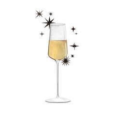 Glass of champagne with stars. New year cocktail. Watercolor illustrations on isolated white background.