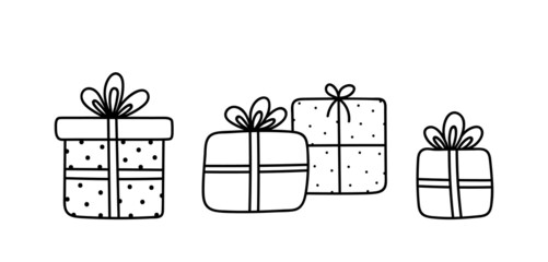 Cute set of holiday gifts with bows and ribbons isolated on white background. Vector hand-drawn illustration in doodle style. Perfect for Christmas and birthday designs, cards, decorations, logo.