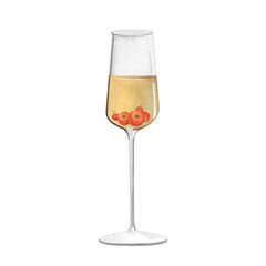 Glass of champagne with berries. New year cocktail. Watercolor illustrations on isolated white background.