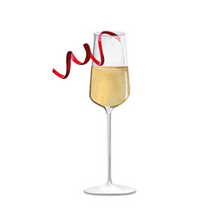 Glass of champagne with serpentine. New year cocktail. Watercolor illustrations on isolated white background.