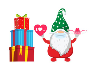 Cute beautiful Santa character wearing mask and holding hart shape love placard and valentine letter with I love you text and with gift boxes