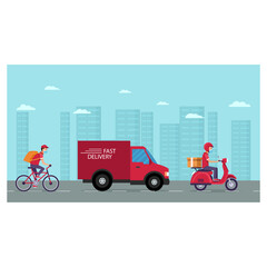 Delivery service concept, delivery home and office. Warehouse, truck, scooter and bicycle courier. Flat Vector Illustration