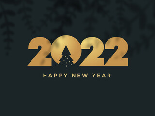 2022 Happy New Year greeting card with golden confetti ballon. Gold and black celebration design. Luxury party template. Merry Christmas poster with text and light number decor. Vector illustration