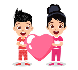 Happy cute kid boy and girl character standing and holding hart shape placard together