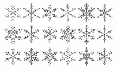 Set of snowflakes of different shapes isolated on a white background. Vector hand-drawn illustration in doodle style. Perfect for holiday and Christmas designs, cards, logo, decorations.