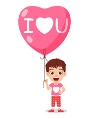 Happy cute kid boy character standing and holding hart shape love balloon