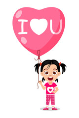 Happy cute kid girl character standing and holding hart shape love balloon