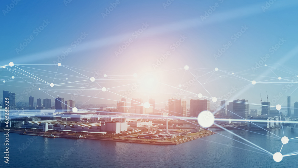 Aufkleber smart city and communication network concept. 5g. iot (internet of things). telecommunication.