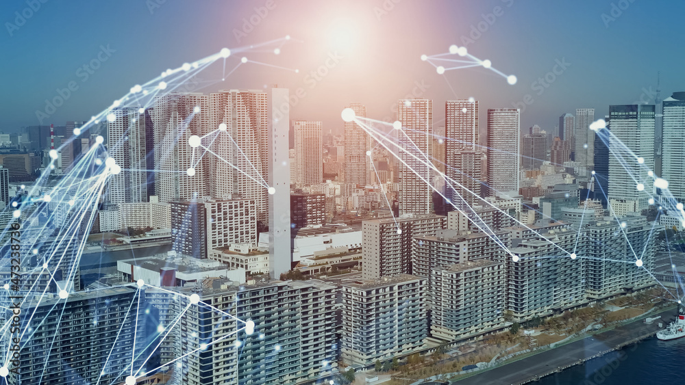 Poster smart city and communication network concept. 5g. iot (internet of things). telecommunication.