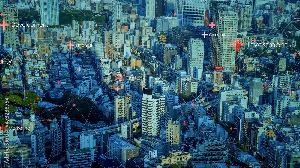 Aufkleber smart city and communication network concept. business network.