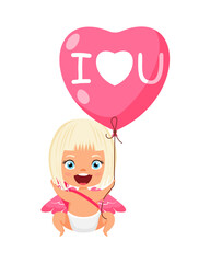 Happy cute cupid character with wings flying and holding hart shape love balloon I love you text