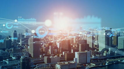 Smart city and communication network concept. 5G. IoT (Internet of Things). Telecommunication.