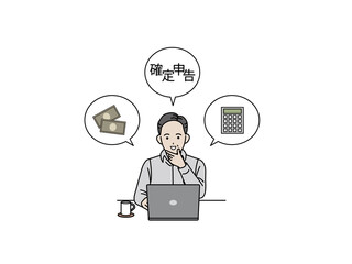 パソコンで確定申告をする男性　オンライン　インターネット　調べる　税金　個人事業主　自営業　納税者