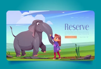 Foto op Canvas Nature reserve banner with happy elephant and girl in savannah. Vector landing page of national parkland for wildlife animals with cartoon illustration with elephant and landscape with green grass © klyaksun