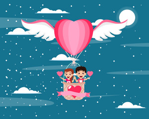 Happy cute kid boy and girl character flying with hot air hart shape valentine balloon with wings and waving with hart shape symbol on sky background with clouds with valentine text
