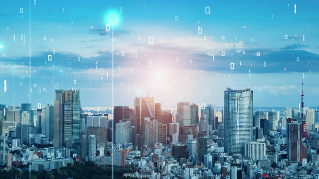 Smart city and communication network concept. 5G. LPWA (Low Power Wide Area). Digital transformation.