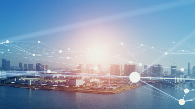 Smart city and communication network concept. 5G. IoT (Internet of Things). Telecommunication.