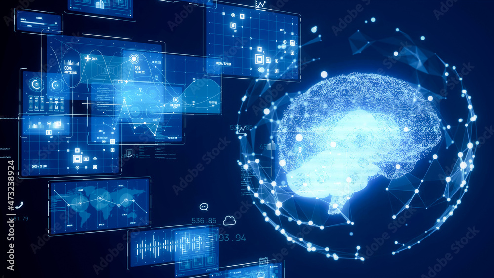 Aufkleber AI (Artificial Intelligence) concept. Deep learning. GUI (Graphical User Interface).
