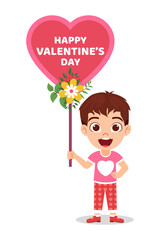 Happy cute kid boy character standing and holding hart shape placard with flowers