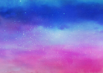 青色とピンク色の星空の風景イラスト　背景イラスト素材