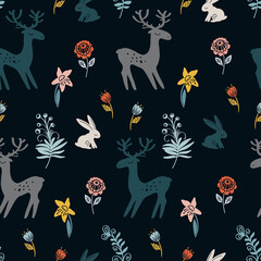 Pattern with cute deers and rabbits on a flower meadow on a black background. Seamless pattern for textiles, typography, for different types of printing.
